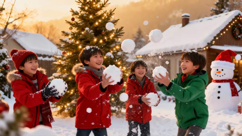 四个孩子雪地打雪仗欢乐场景图片