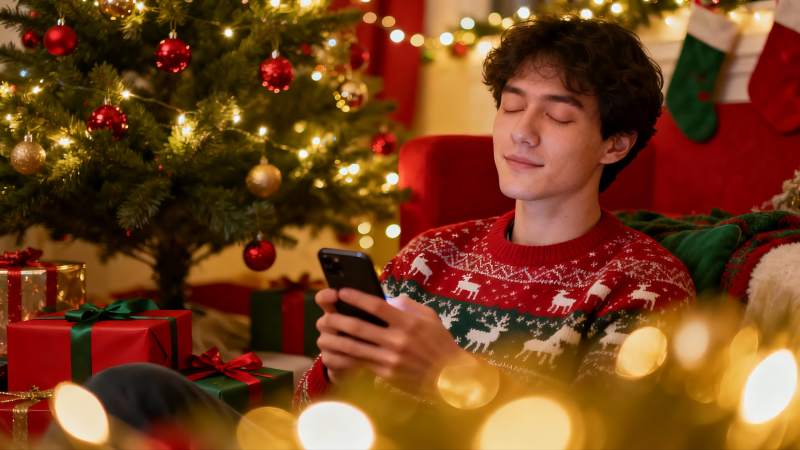 圣诞树下男子看手机图片