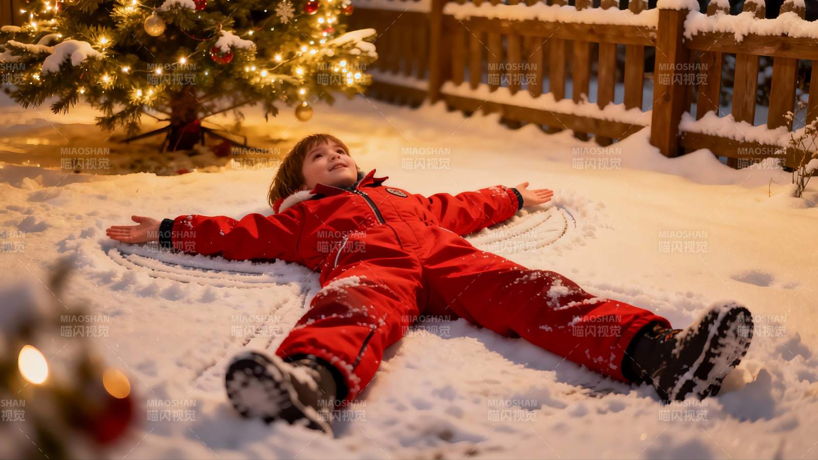 雪地圣诞树旁儿童天使造型图片
