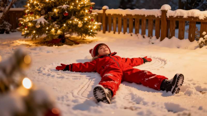 雪地圣诞树下儿童堆雪人图片