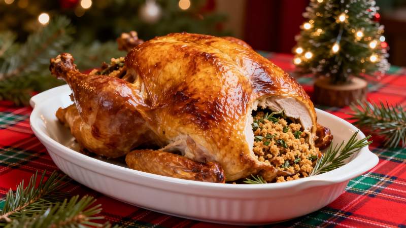 节日餐桌上的烤火鸡图片