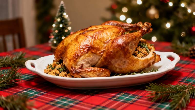 节日餐桌上的烤火鸡图片