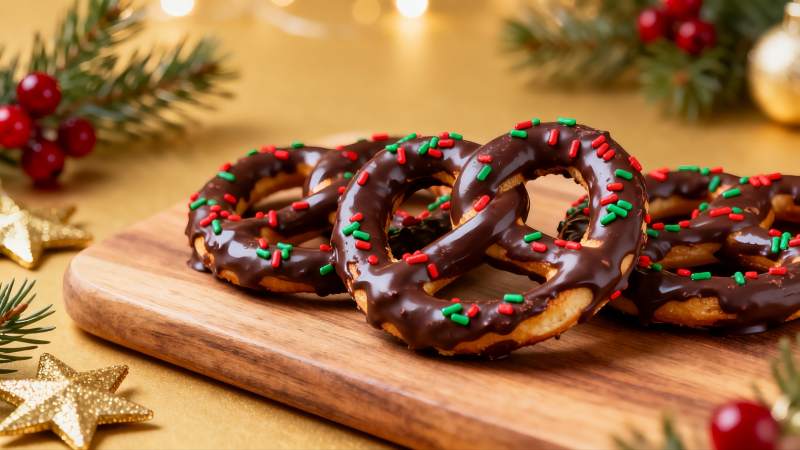 巧克力椒盐卷饼配节日装饰图片