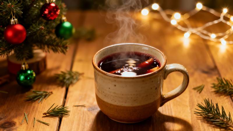 圣诞热饮木桌温馨场景图片