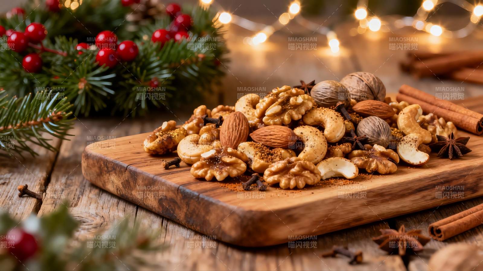 节日坚果拼盘木板摆拍图片
