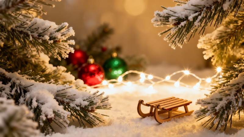 雪覆松枝圣诞小雪橇图片