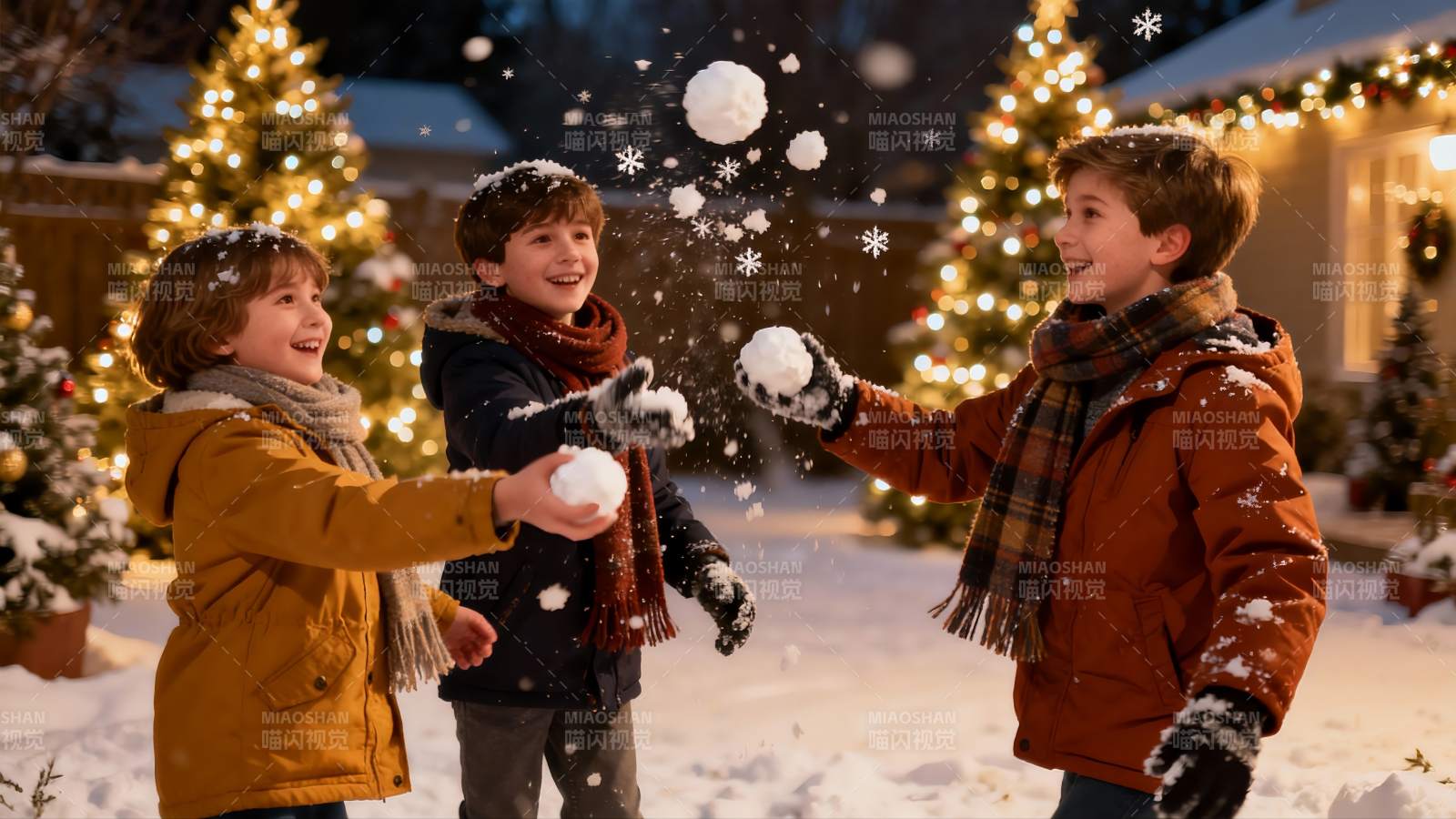 三个男孩雪地玩耍欢乐场景图片