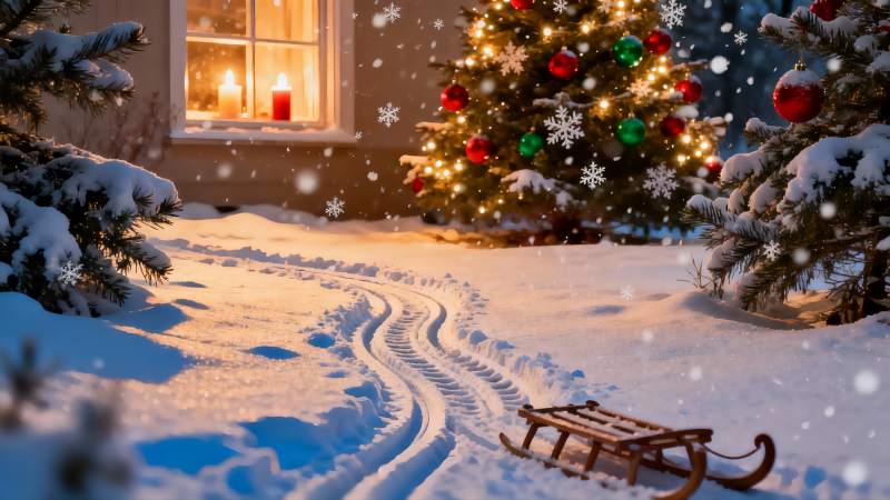 雪夜圣诞树与雪橇图片