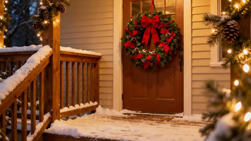 雪夜圣诞门廊温馨装饰图片