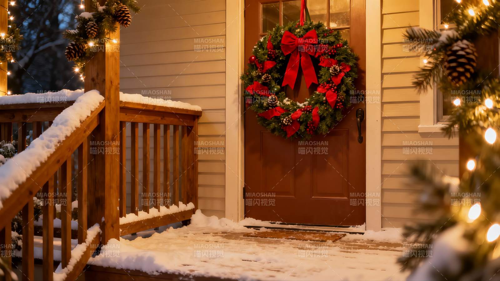 雪夜圣诞门廊温馨装饰图片