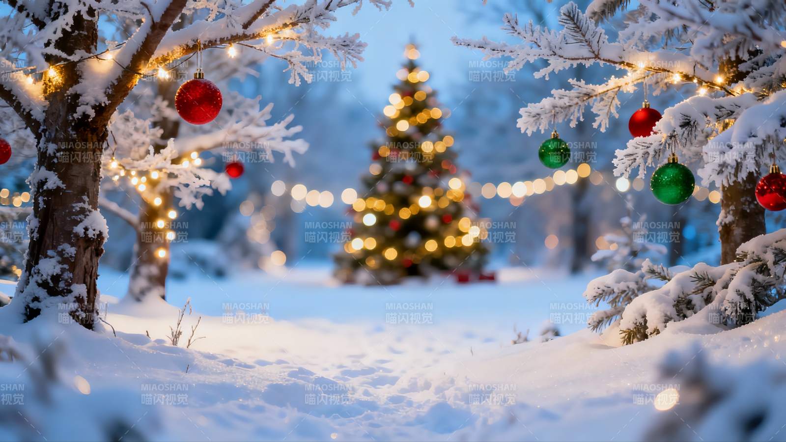 雪夜圣诞树与彩灯装饰图片