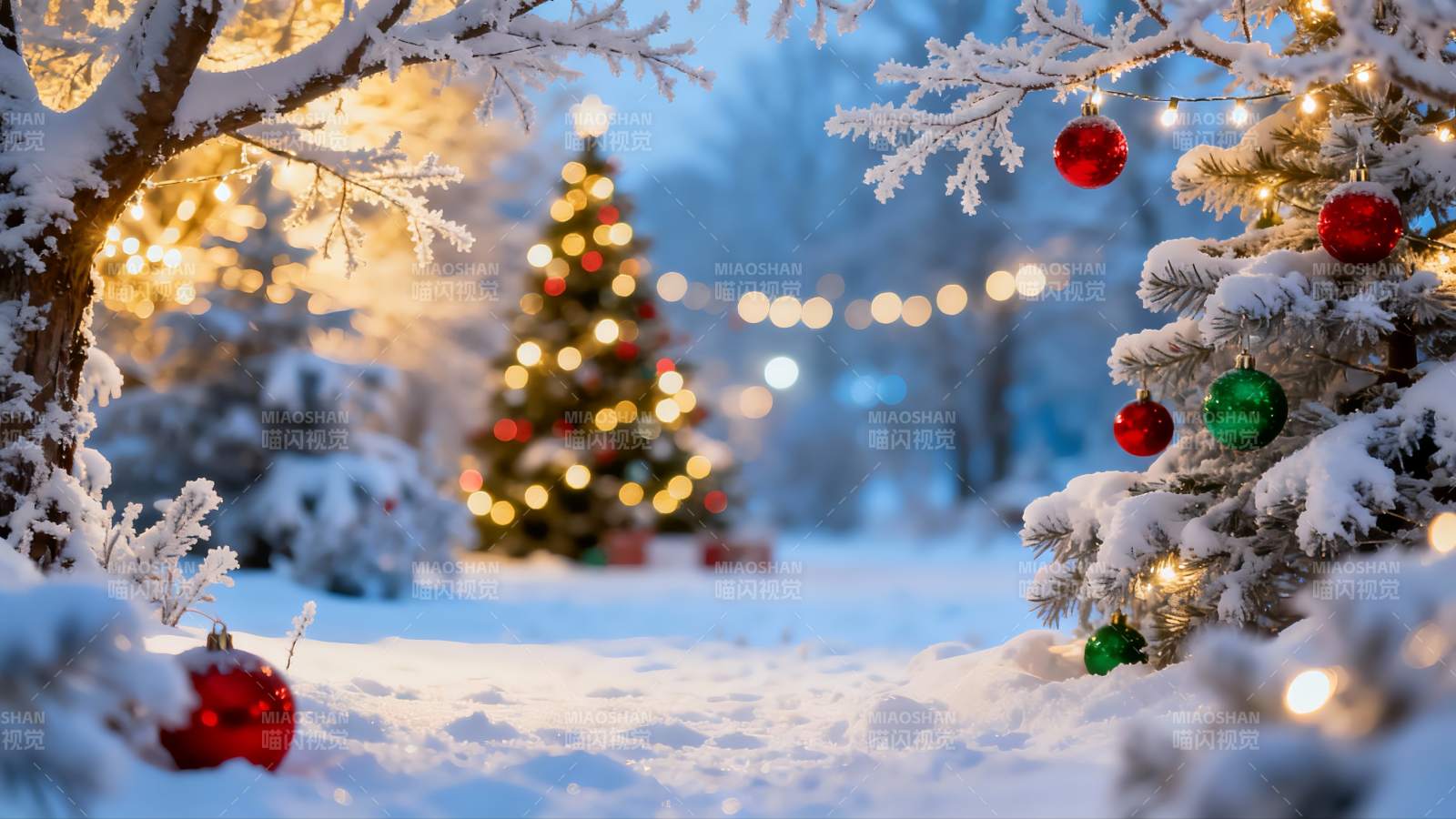 雪夜圣诞树灯光闪烁图片