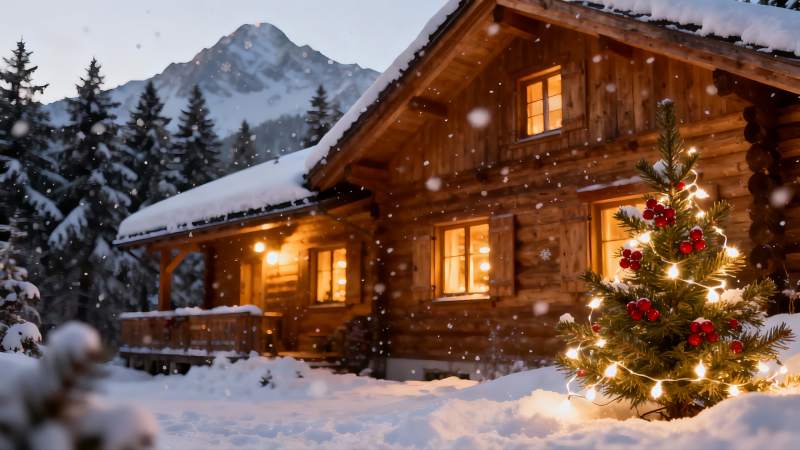 雪夜木屋与圣诞树图片