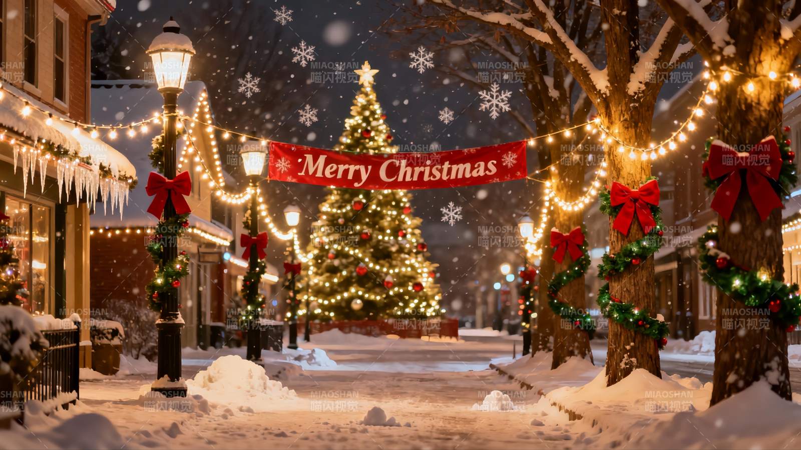 雪夜圣诞街景灯光璀璨图片