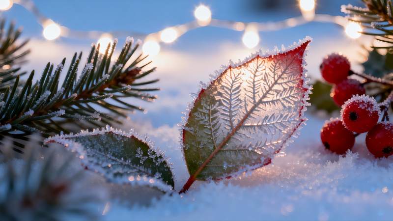 雪中霜冻叶片与红果图片
