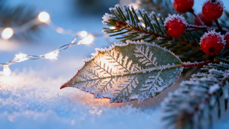 雪中红果绿叶冰霜点缀图片