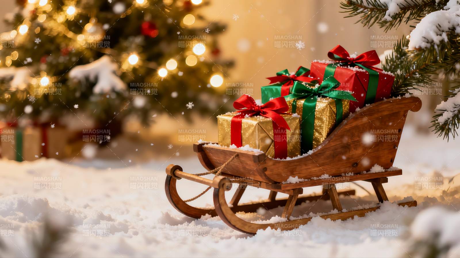 雪地木橇礼物盒圣诞树图片