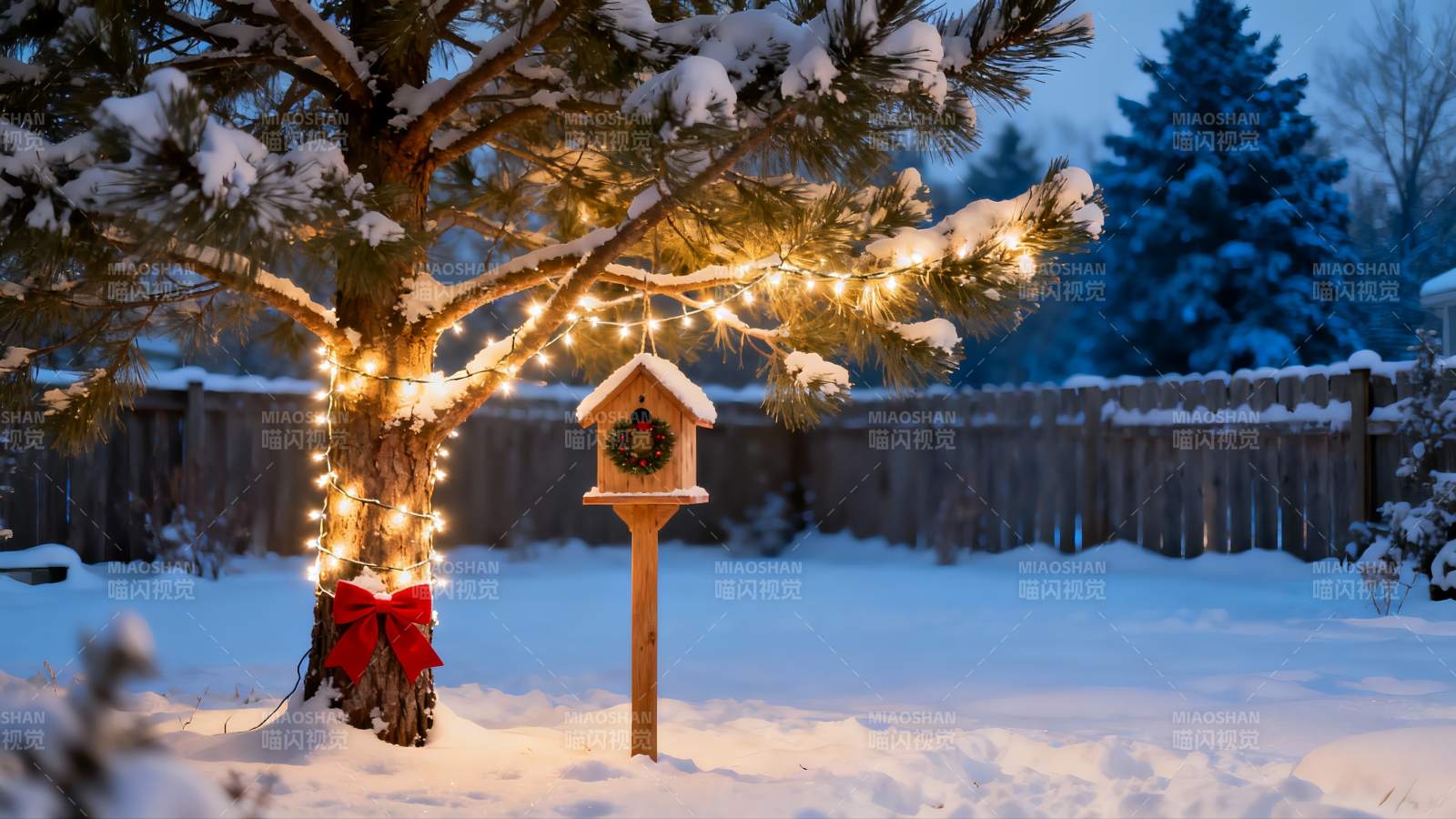 雪夜庭院灯光装饰图片