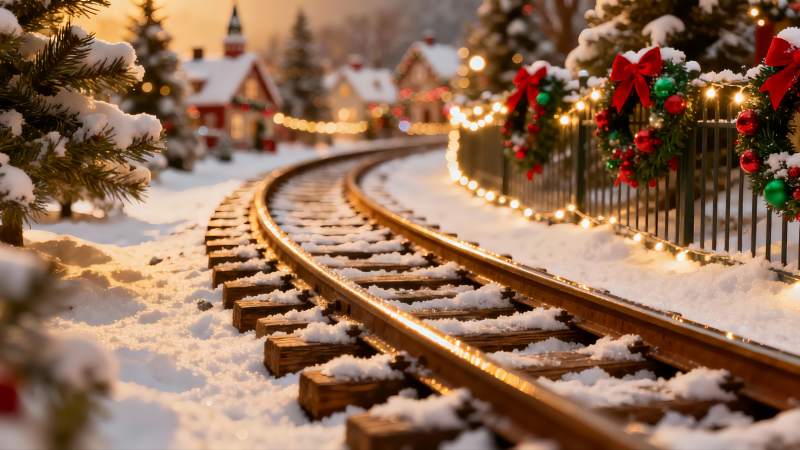 雪中圣诞小火车轨道图片