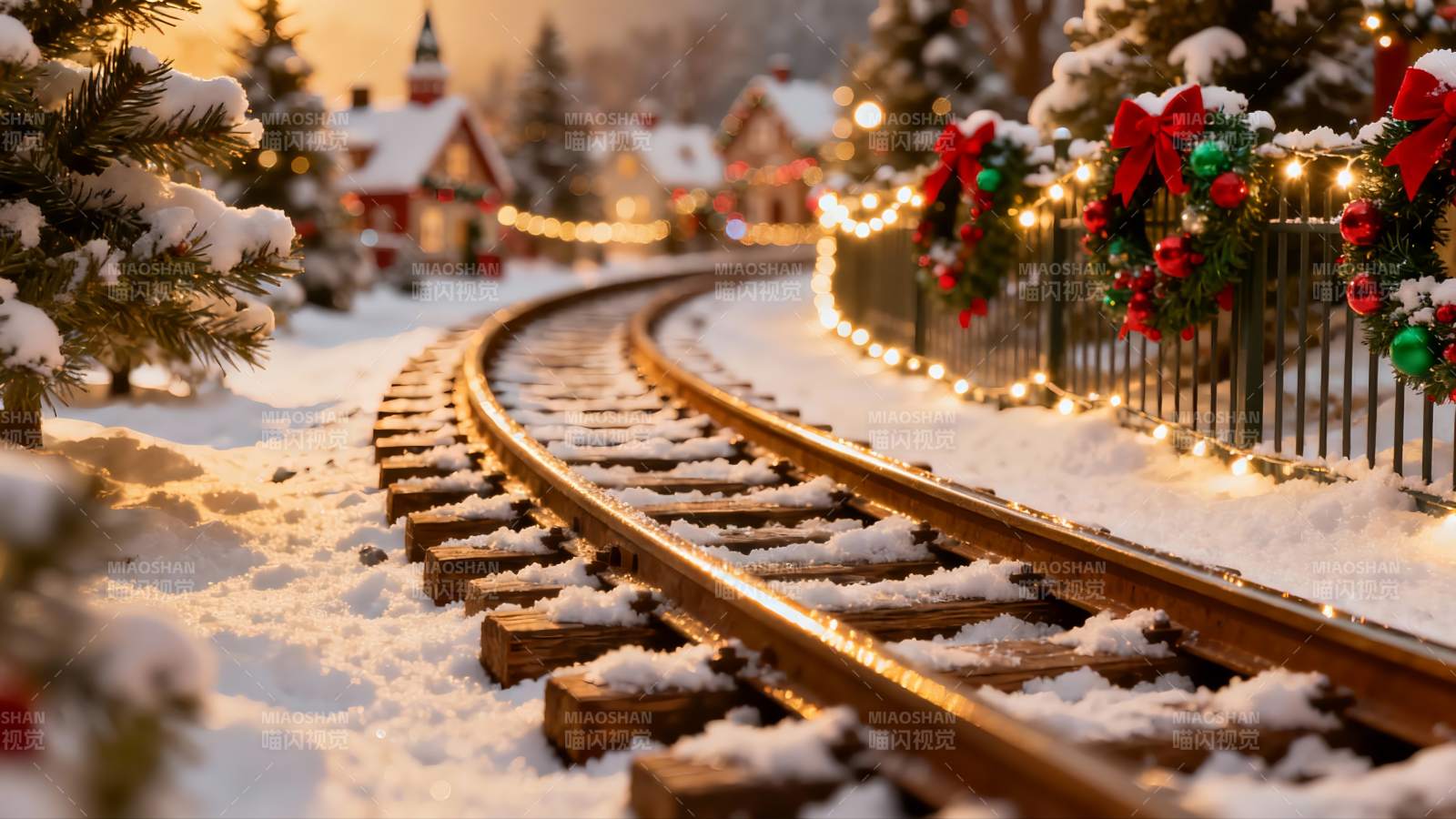 雪中圣诞小火车轨道图片
