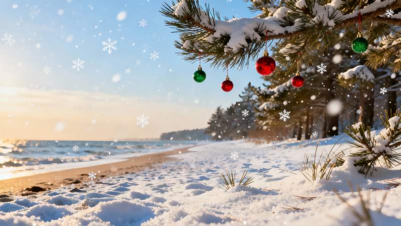 雪景海滩圣诞装饰图片