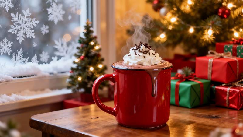 圣诞热可可与节日装饰图片