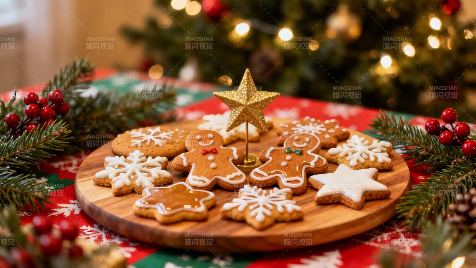 圣诞姜饼与节日装饰摆盘图片