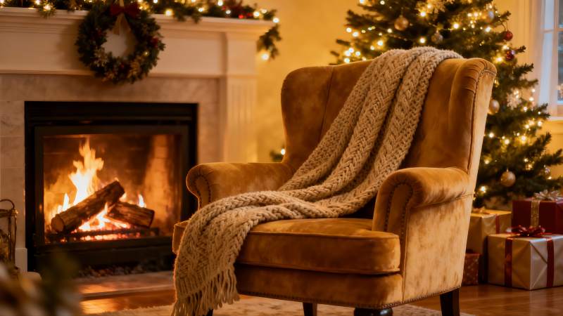壁炉旁圣诞树下的温馨座椅图片