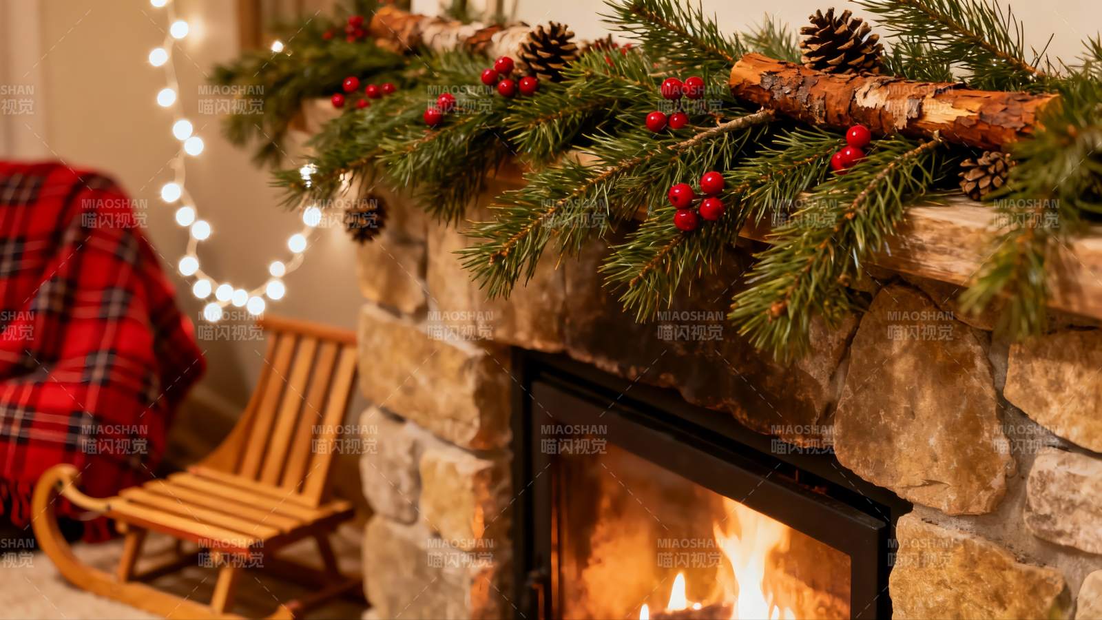 壁炉旁圣诞装饰温馨场景图片