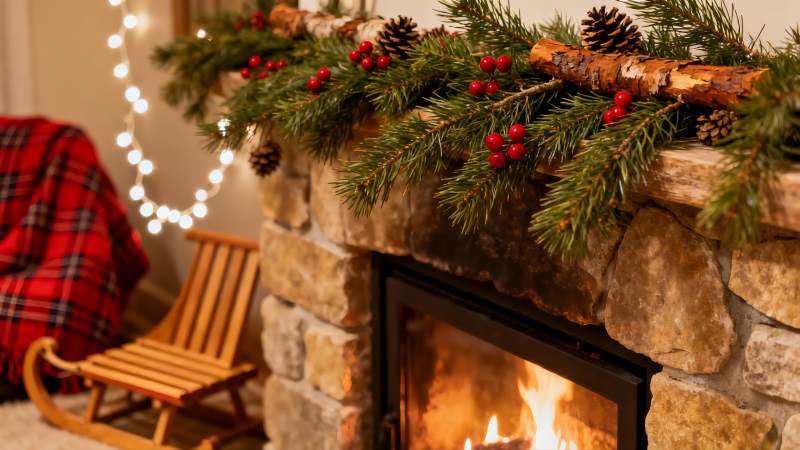 壁炉旁圣诞装饰温馨场景图片