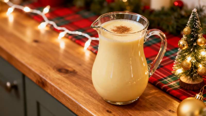 节日餐桌上的蛋酒与装饰图片