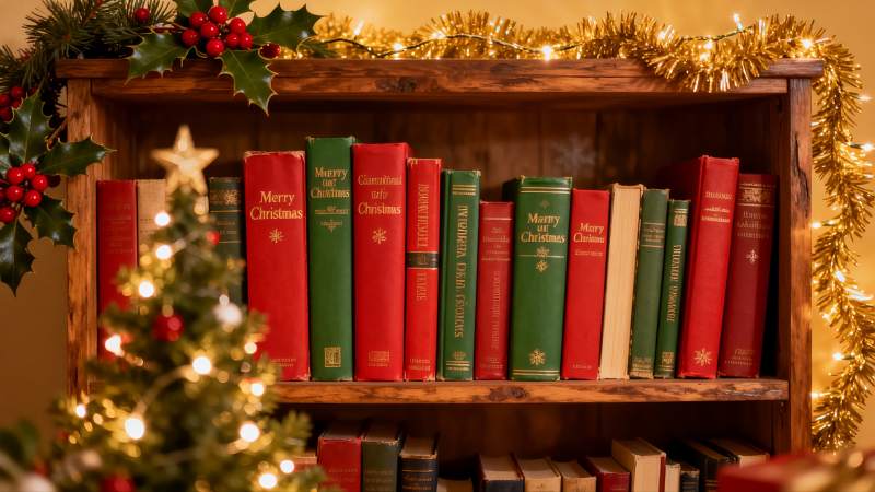 圣诞书架装饰温馨节日氛围图片