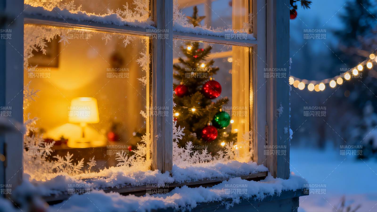 雪夜窗前圣诞树温馨场景图片