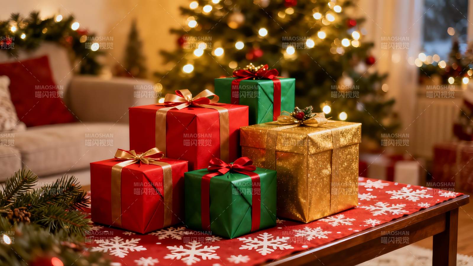 圣诞树前的礼物盒图片