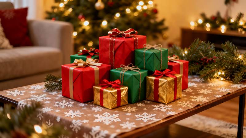 圣诞礼物堆叠温馨节日场景图片