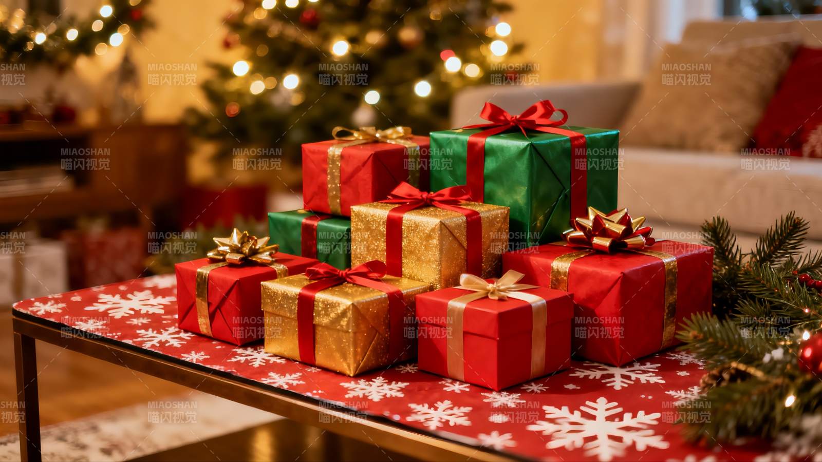 圣诞礼物堆叠温馨节日场景图片