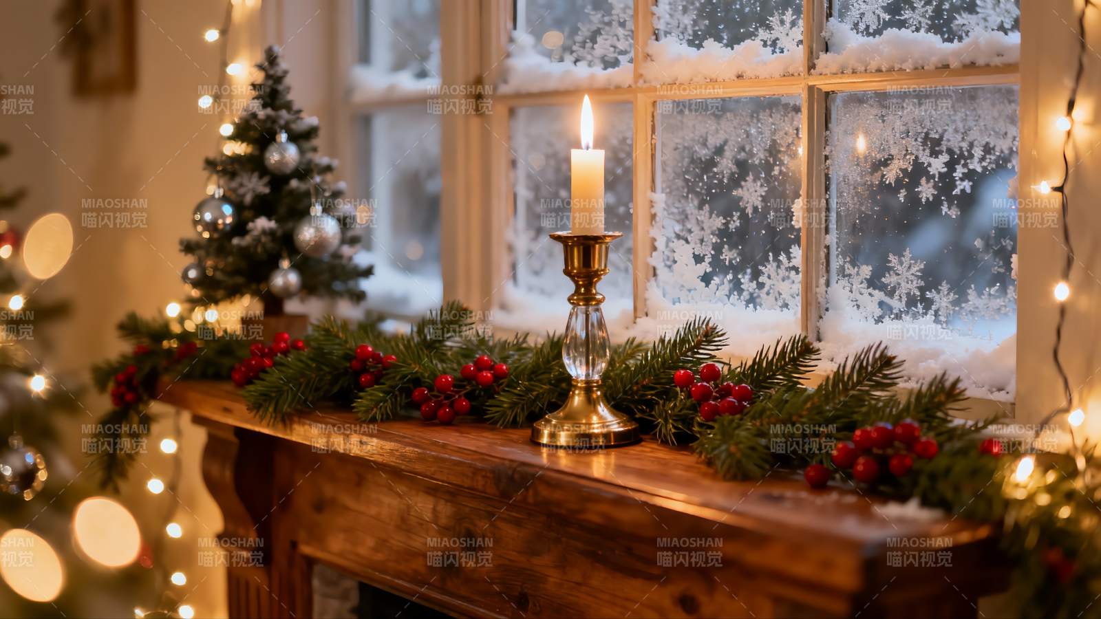 冬日窗台圣诞装饰温馨场景图片