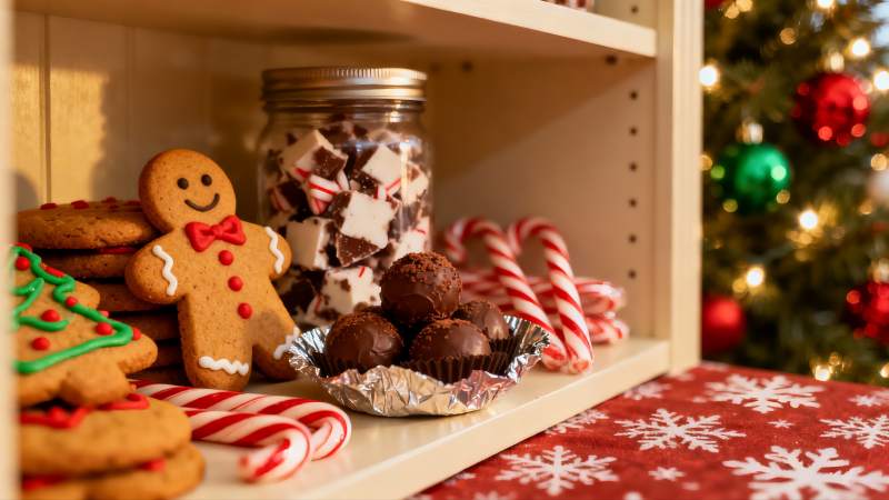 圣诞甜点摆放在橱柜中图片