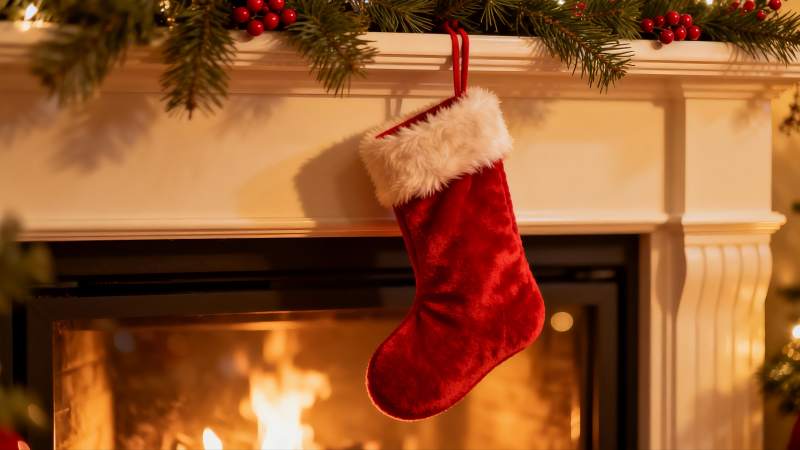 壁炉旁圣诞袜与松枝装饰图片