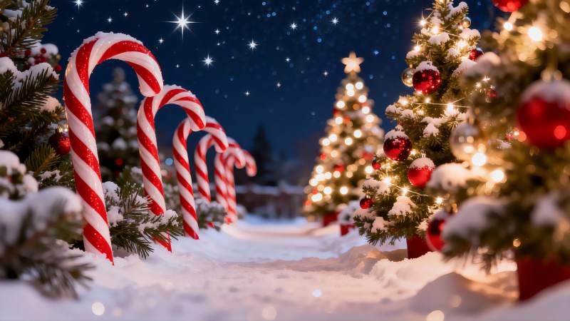 雪夜圣诞树与拐杖糖图片