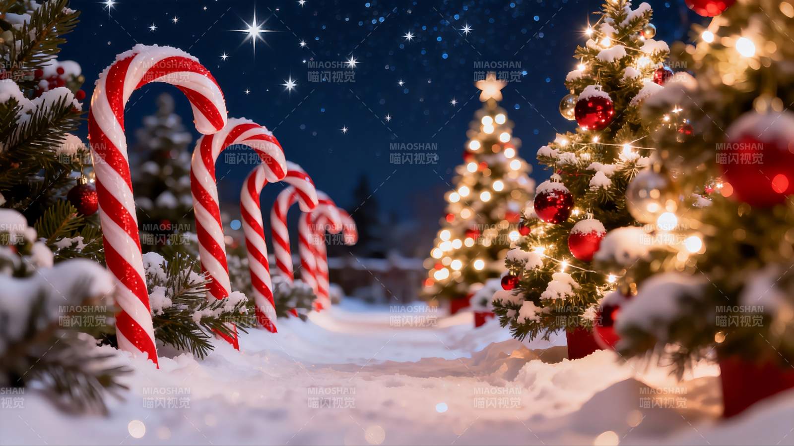 雪夜圣诞树与拐杖糖图片