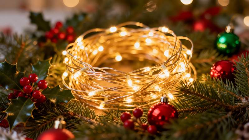 圣诞装饰灯与绿叶果实图片