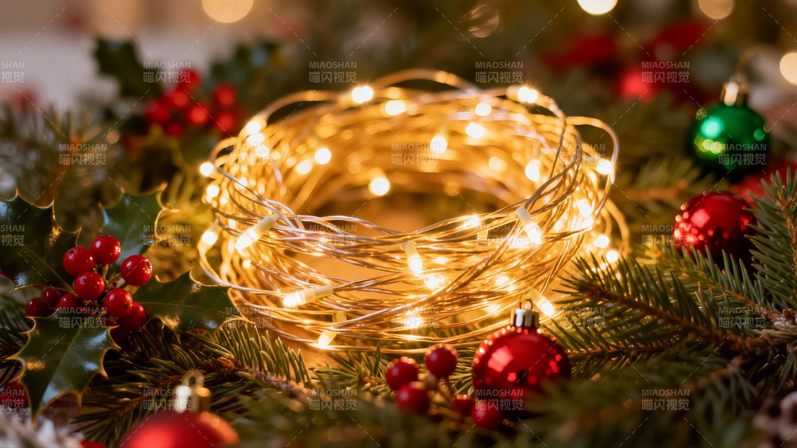 圣诞装饰灯与绿叶果实图片