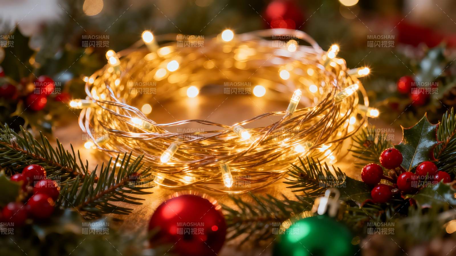 圣诞灯饰与绿植装饰图片