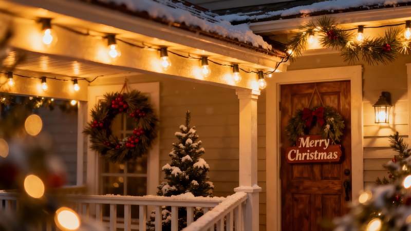 雪夜圣诞装饰的温馨门廊图片