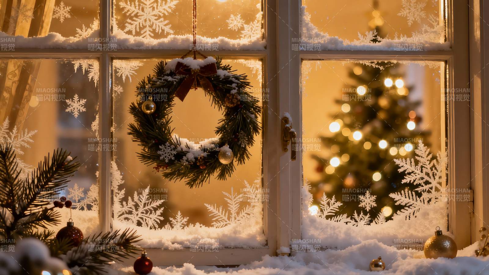 窗前圣诞花环与雪景图片