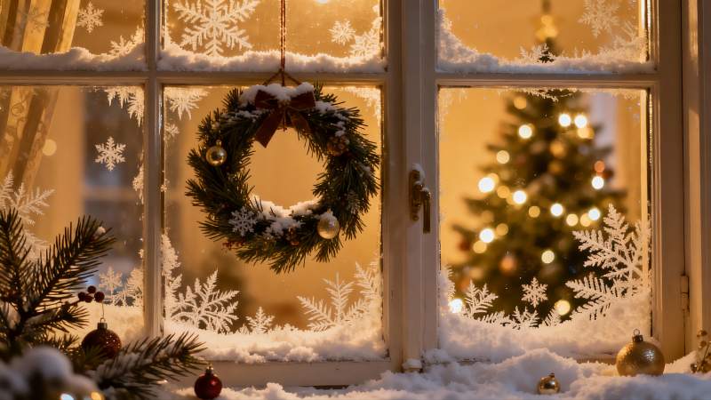 窗前圣诞花环与雪景图片