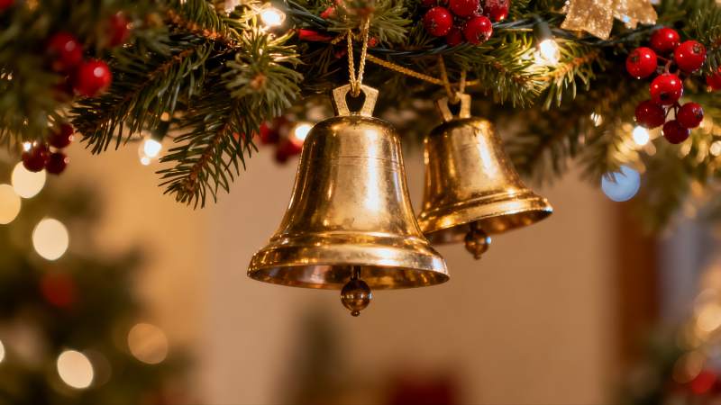 圣诞树上的金色铃铛装饰图片