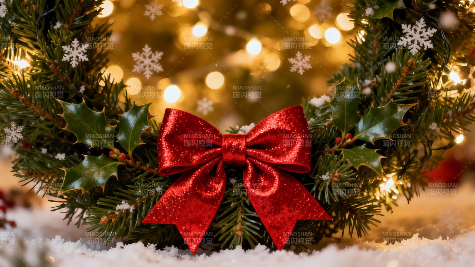 圣诞花环雪景装饰图片