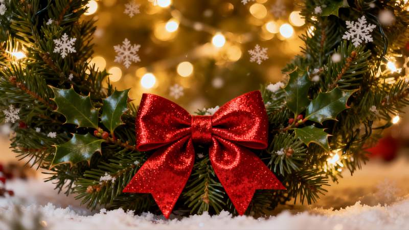 圣诞花环雪景装饰图片